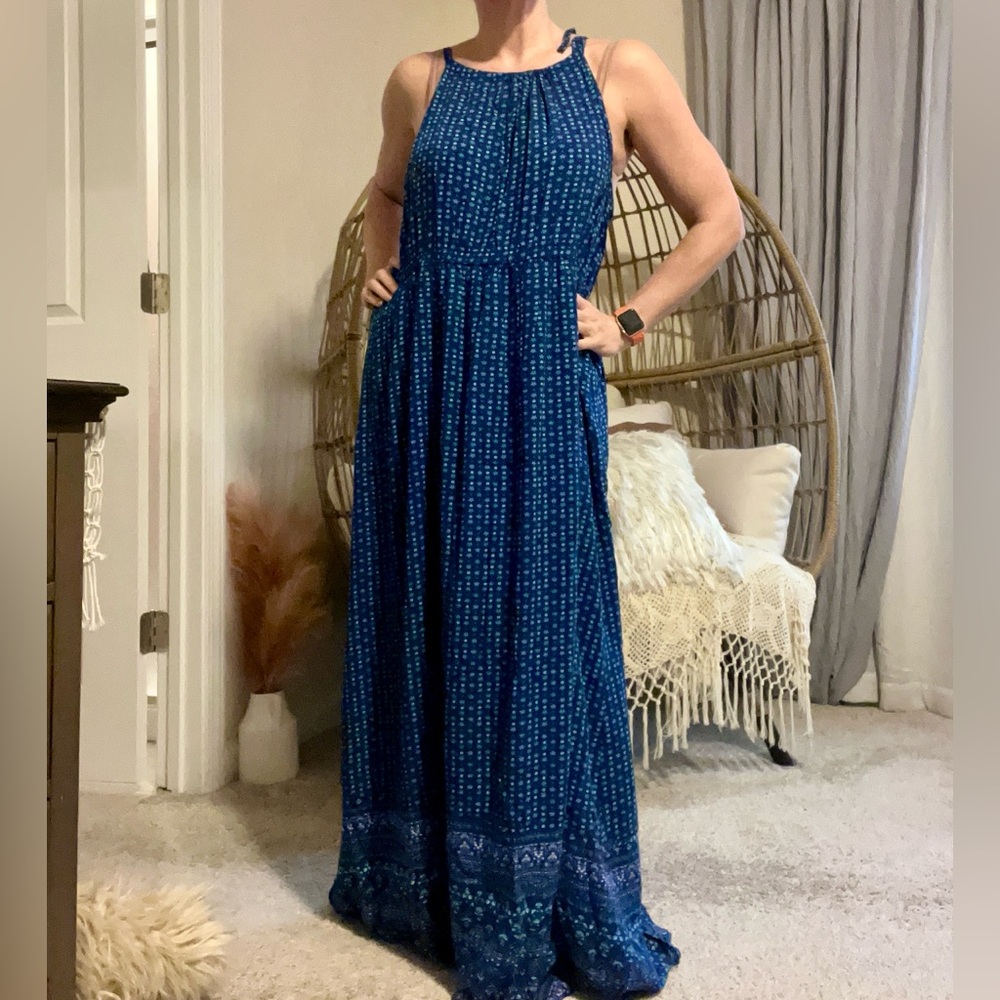 Old Navy Navy Blue Printed Halter Maxi Dress
